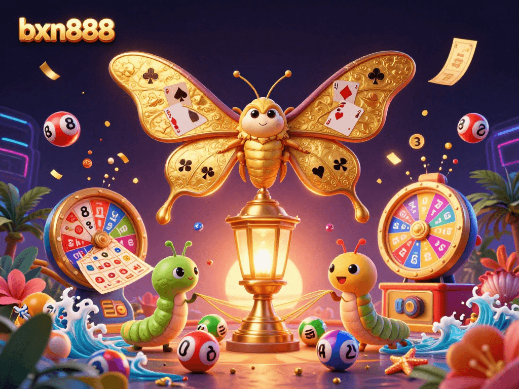Join the excitement at bxn888 with vibrant casino-themed illustrations featuring games and rewards.