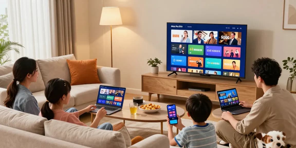 Famille profitant d'Atlas pro ontv dans un salon confortable, streaming de contenu sur Smart TV et appareils mobiles.