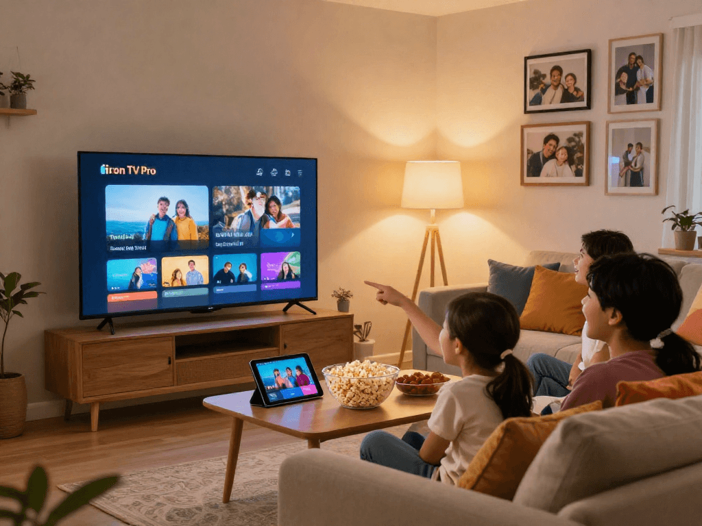 Famille profitant du service Iron TV Pro dans leur salon moderne avec écran intelligent et ambiance chaleureuse.