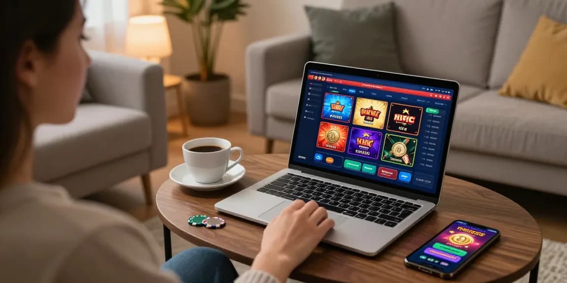 Joueur utilisant un casino en ligne sans KYC sur tablette, fauteuil confortable, ambiance chaleureuse.