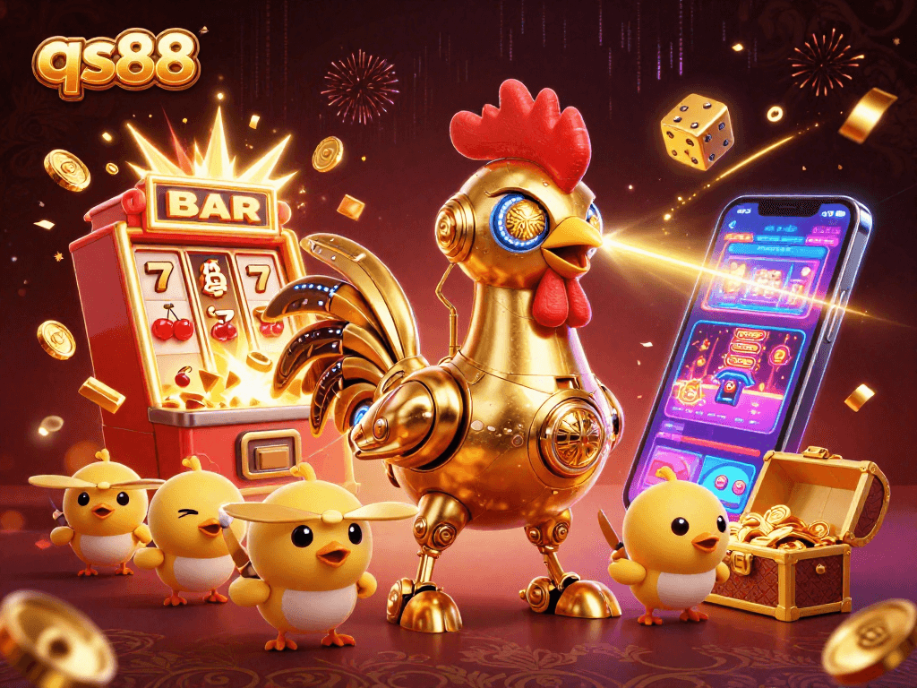 qs88 presents a thrilling casino scene with a golden rooster robot and dynamic gaming elements.