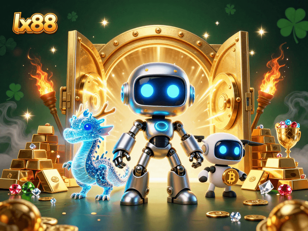 Experience the thrill of lx88 with a cyberpunk robot amidst treasure and gaming elements.