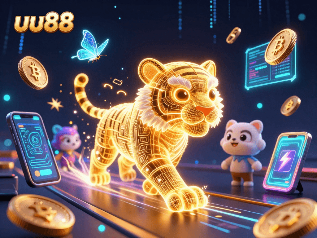 Engage with the immersive uu88 casino scene featuring a neon glowing tiger and digital assets.