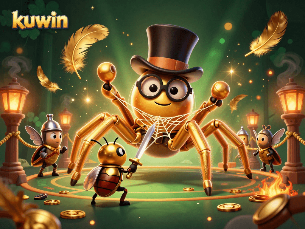 Kuwin's thrilling casino adventure features a giant tarantula weaving gold amidst a beetle knight.