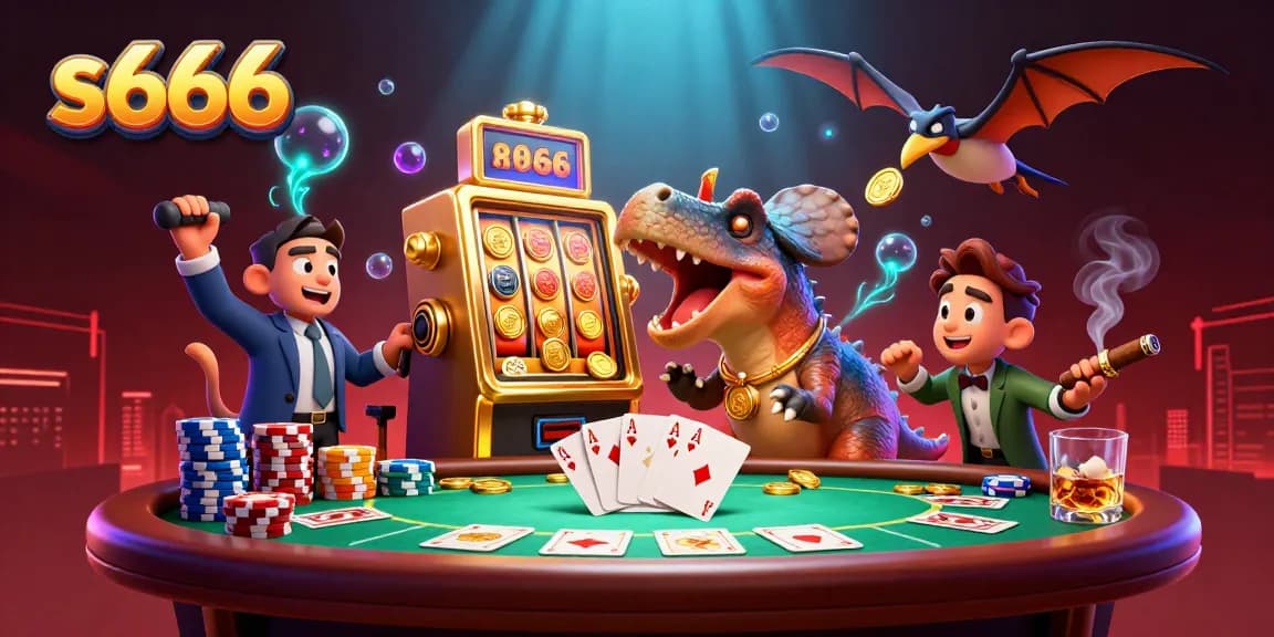 S666 jackpot scene with a pachycephalosaurus, slot machine, and casino manager amid gold coins.