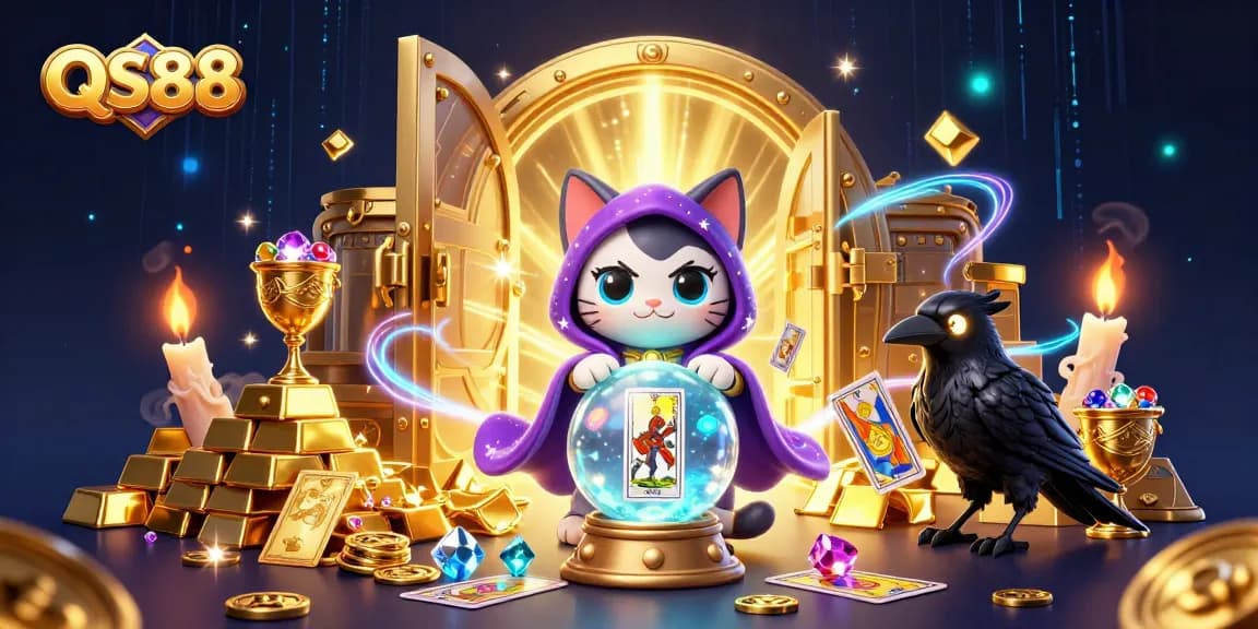 Experience the enchantment of QS88 with a mystical cat and glowing raven amidst vibrant casino riches.