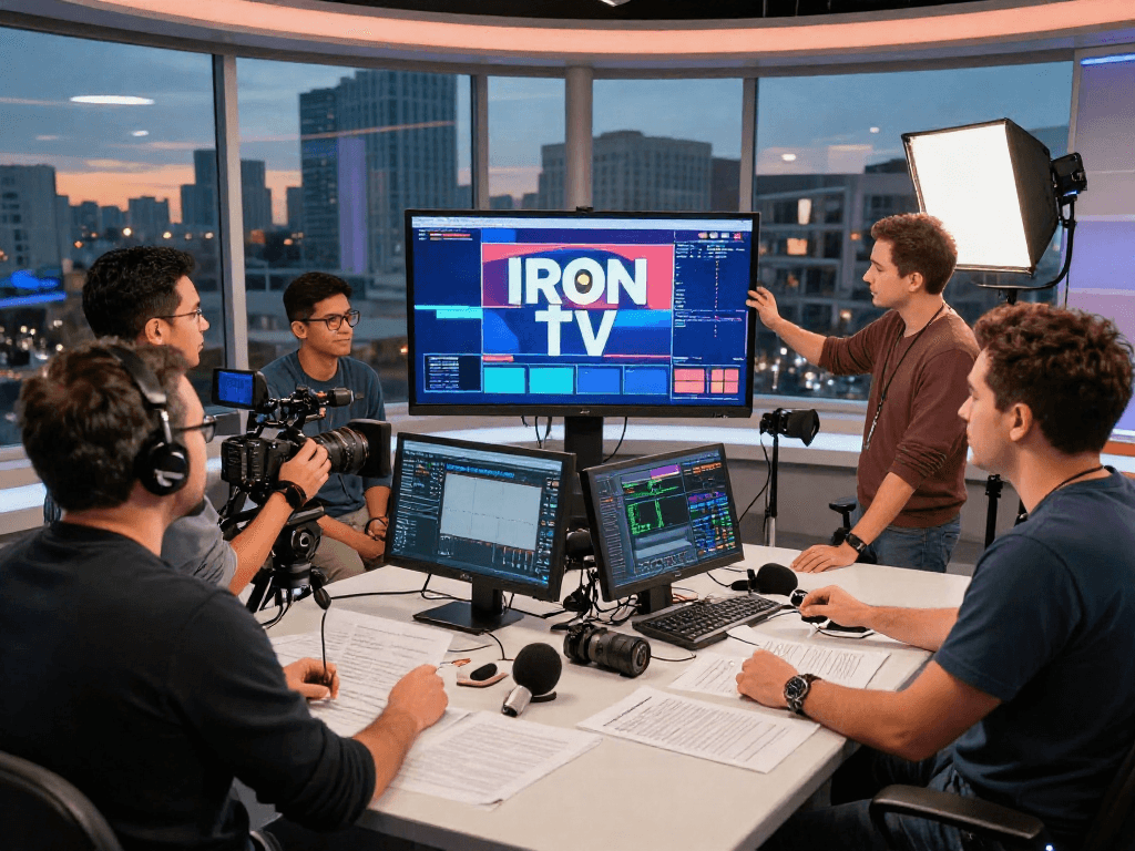 Creative team producing content for Iron tv in modern studio.