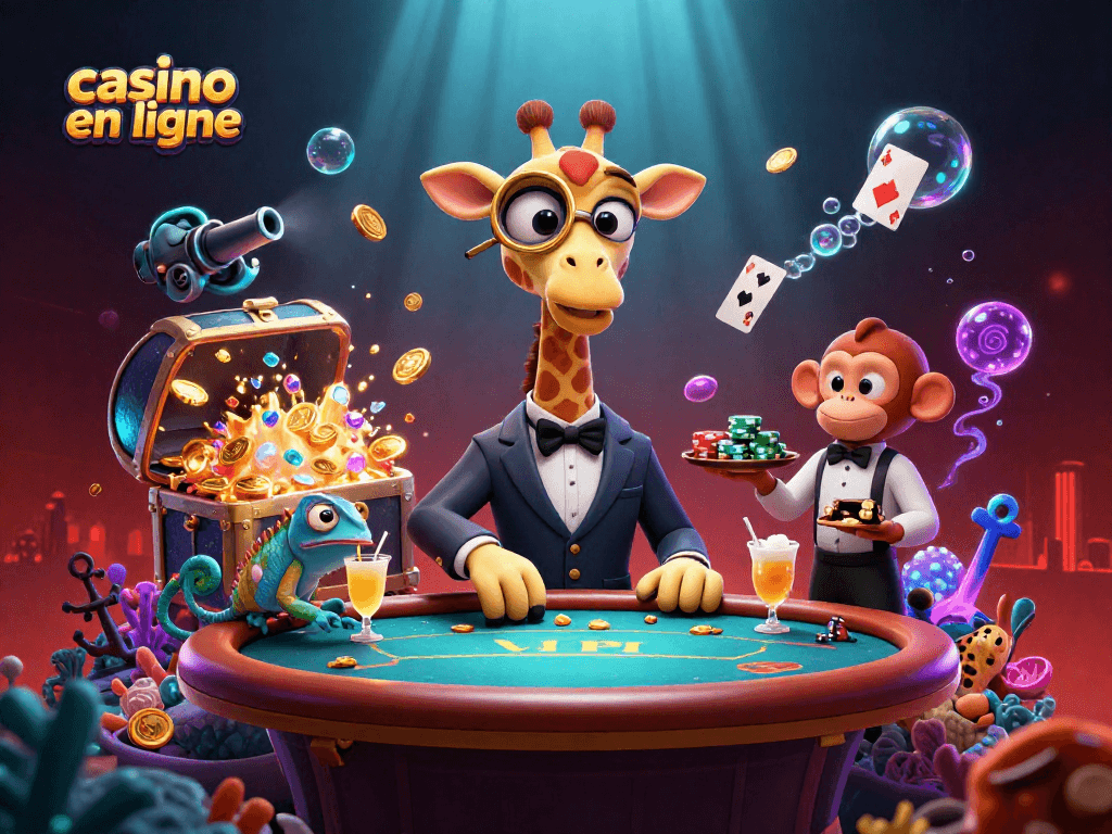 Une illustration 3D colorée d'une girafe haut de gamme au casino en ligne, jouant des cartes et gagnant des jetons.