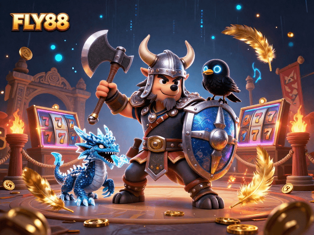 Join FLY88 for a thrilling 3D casino adventure featuring Viking warriors and exciting gaming elements.