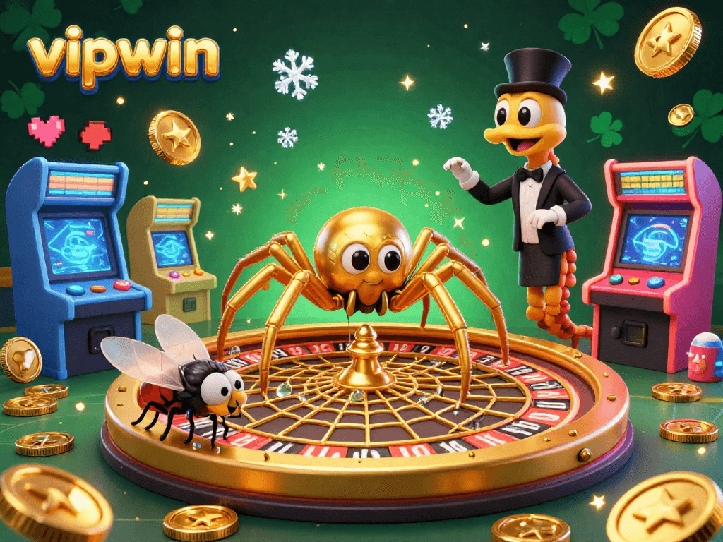 Engage in thrilling bets with vipwin as a golden spider spins a roulette web amidst vibrant arcade machines.