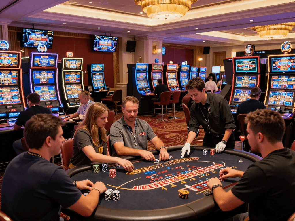 Ambiance d'un casino en ligne, joueurs engagés sur des machines à sous et tables de jeux.