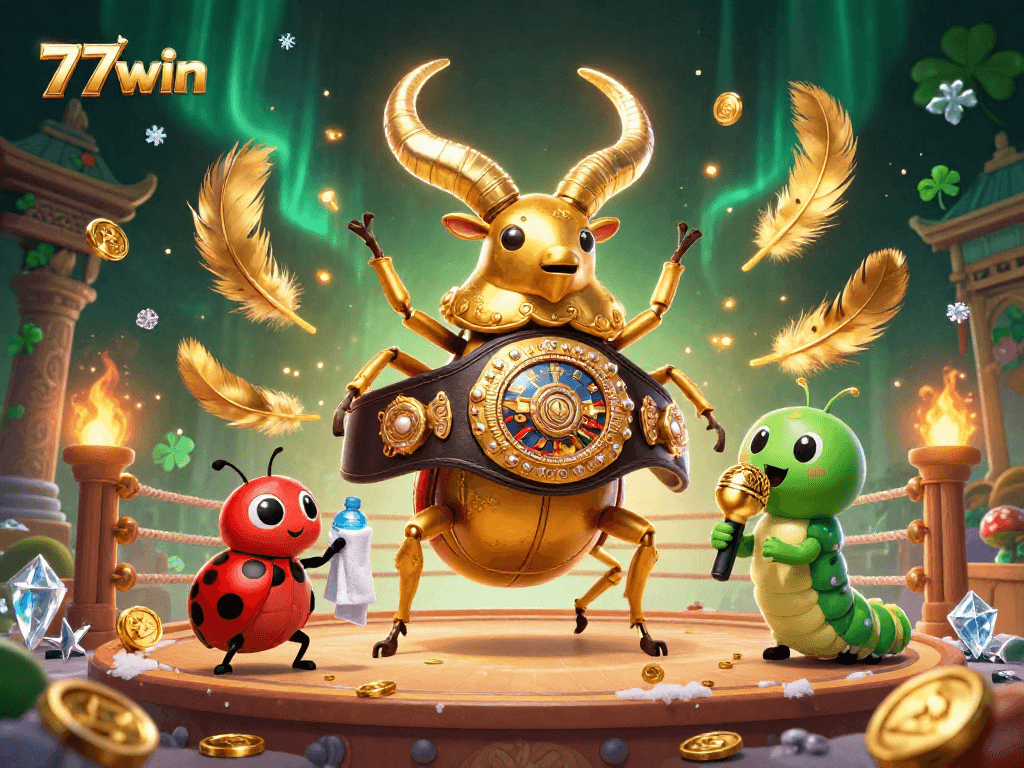 Experience the thrill of winning big with 77win, featuring a dynamic scene of a boxing champion beetle and engaging casino elements.
