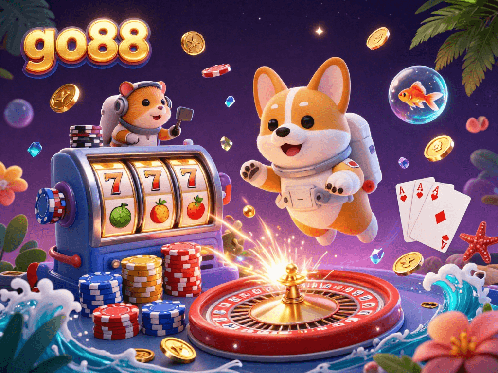 Jump into the excitement with go88's vibrant casino scene featuring colorful slot reels and a playful astronaut corgi.