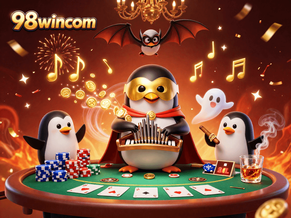 Experience the thrill of 98wincom with a colorful 3D casino scene featuring poker elements and a musical penguin.