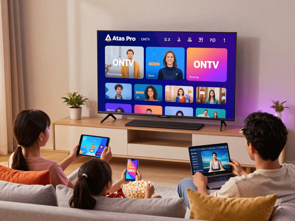 Une famille divertie avec Atlas Pro ONTV, regardant des films en HD sur un grand écran de télévision.