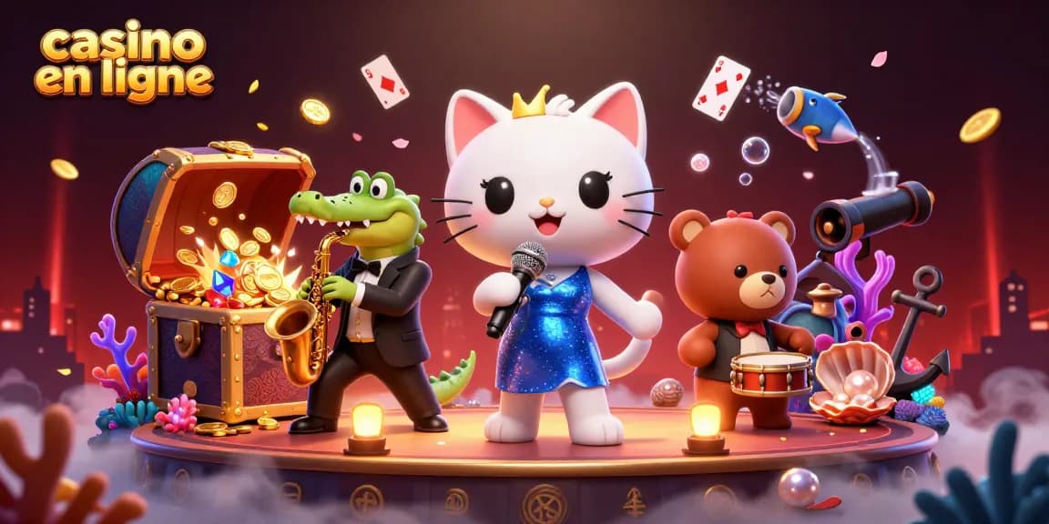Le chat chanteur de jazz au casino en ligne avec des éléments de jeu et des gemmes éclatantes.