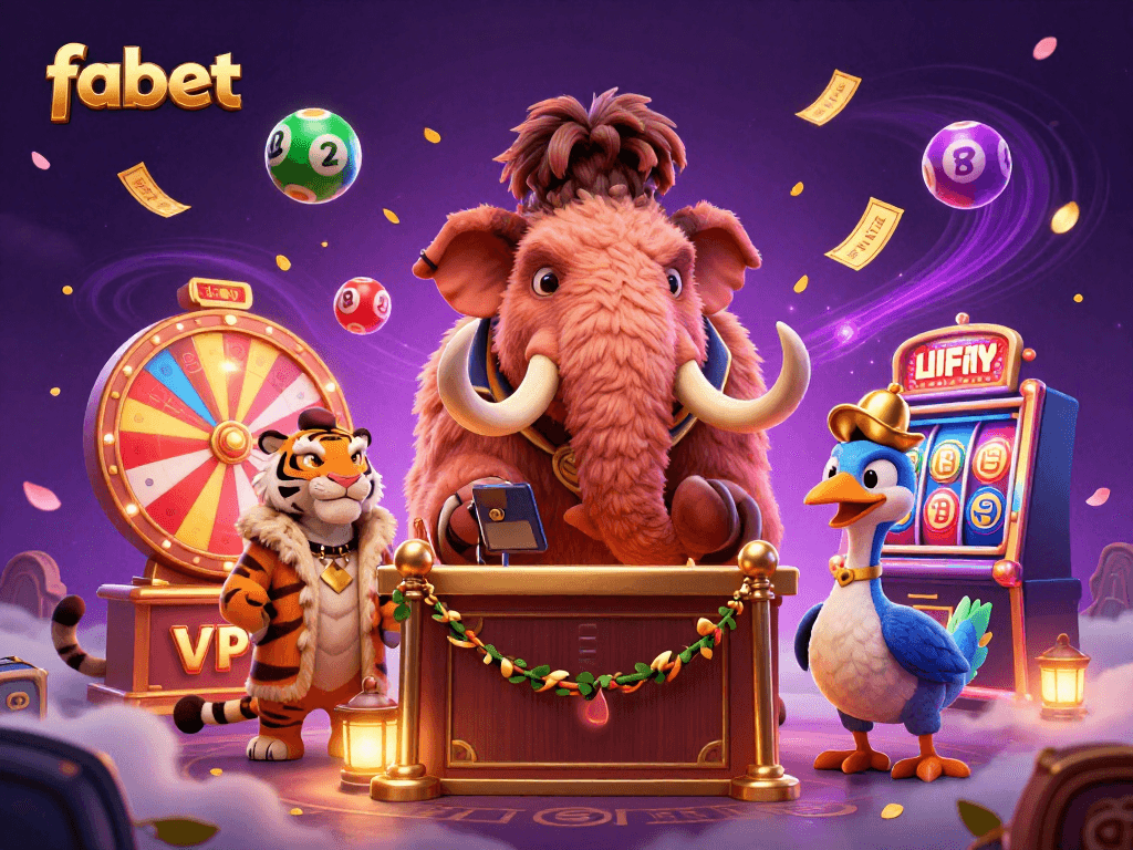 Experience the excitement of fabet, as a woolly mammoth bouncer checks IDs amidst colorful lottery elements and a vibrant casino scene.