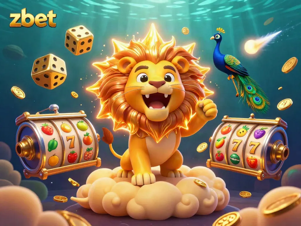 Engage with zbet's thrilling casino experience vividly depicted through a sun lion, golden dice, and slot machines.