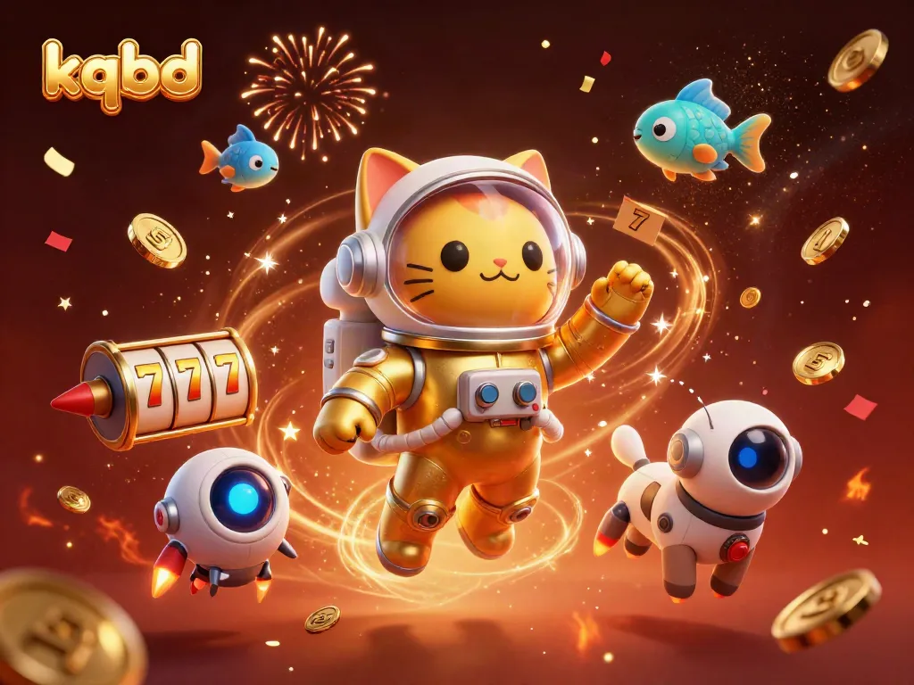 Engage in exciting kqbd betting with a vibrant 3D illustration of a cat astronaut and robot dog in a cosmic casino setting.