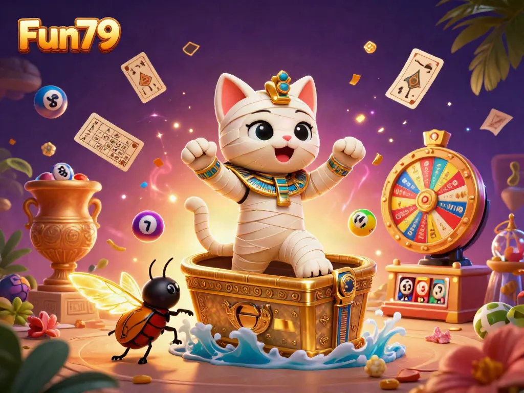 Engage with Fun79 in a vibrant 3D casino scene featuring Egyptian mummy cat and scarab beetle.