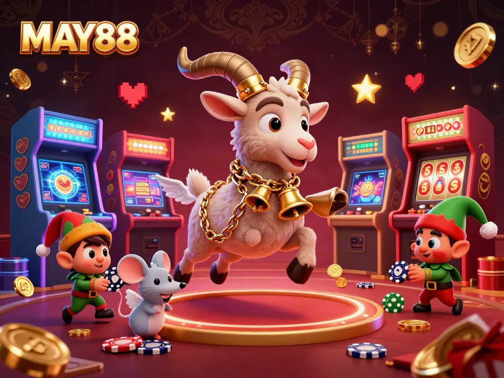 MAY88 players enjoy a vibrant 3D casino scene with cartoon Krampus and chip-stealing gremlins.
