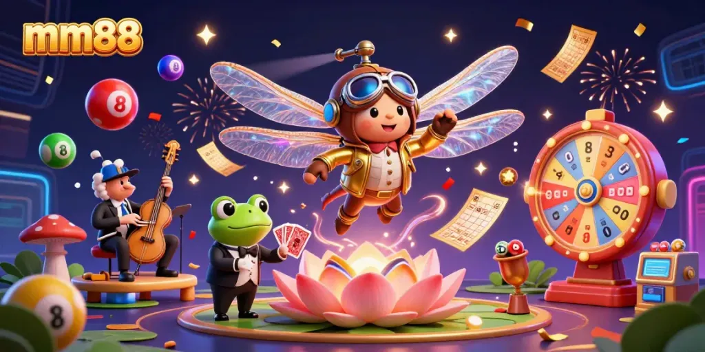 Experience the excitement of mm88 with a vibrant casino scene featuring a dragonfly pilot and frog dealer amidst dynamic gaming elements.