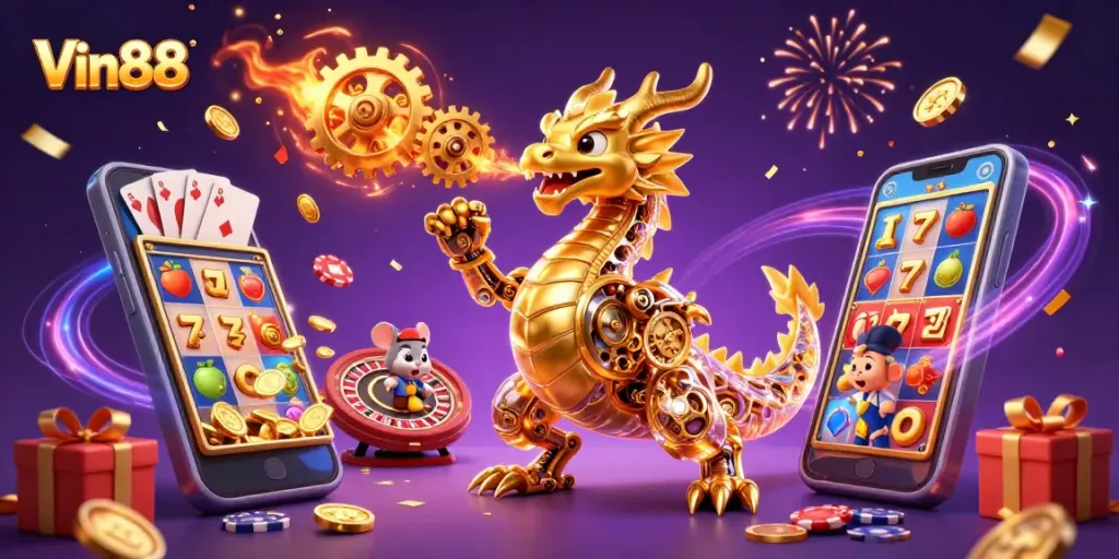 Engage with Vin88's exciting slot games featuring golden coins and dynamic illustrations.