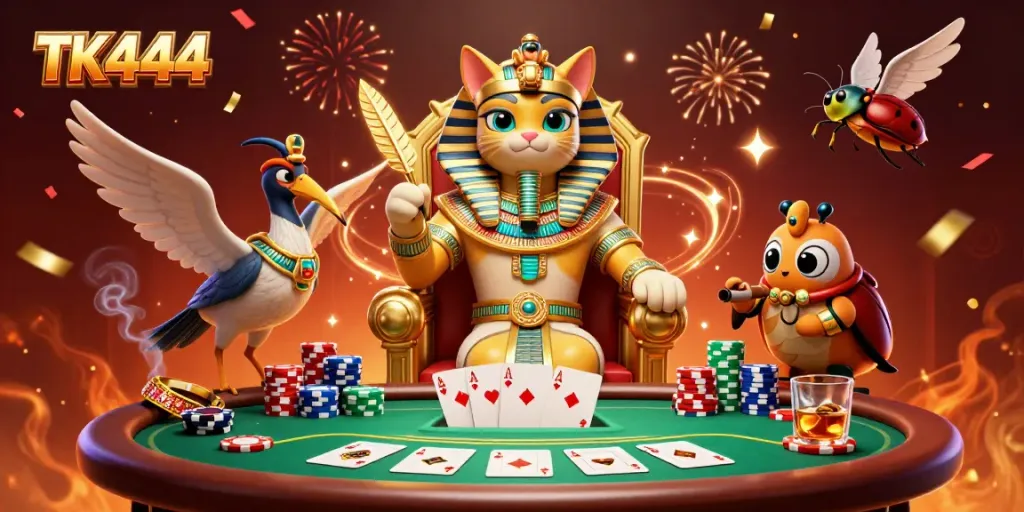 Engage in thrilling card games while exploring TK444, featuring a pharaoh cat and shimmering poker elements.