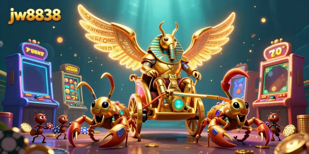 Engage with thrilling casino action at jw8838 featuring a mystical beetle in a gold chariot.