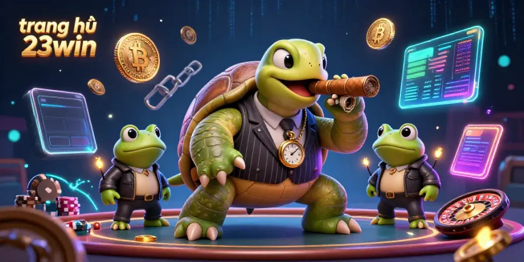 Experience trendy gaming at trang chủ 23win featuring a colorful illustration of a turtle mobster in a casino.