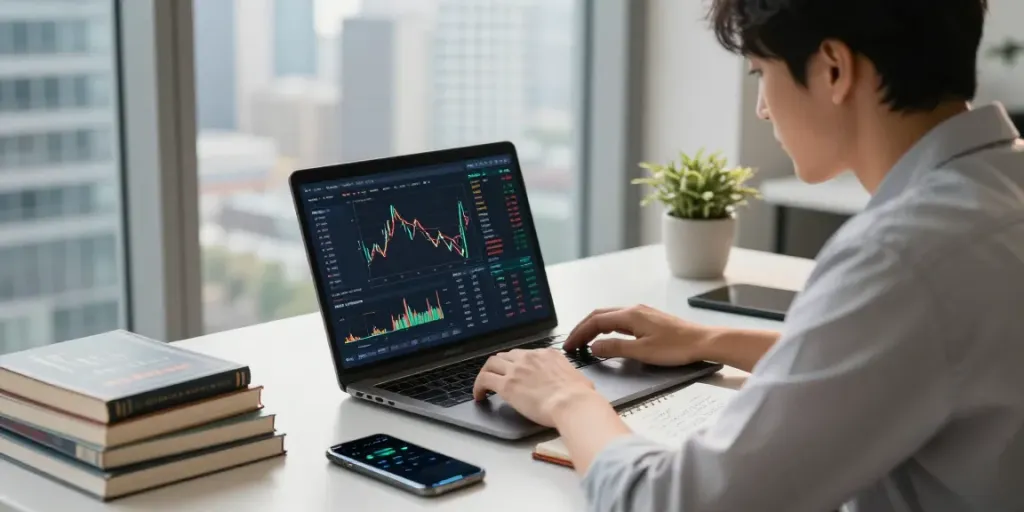 Couponeau : utilisateur analysant les données sur une plateforme de trading moderne.
