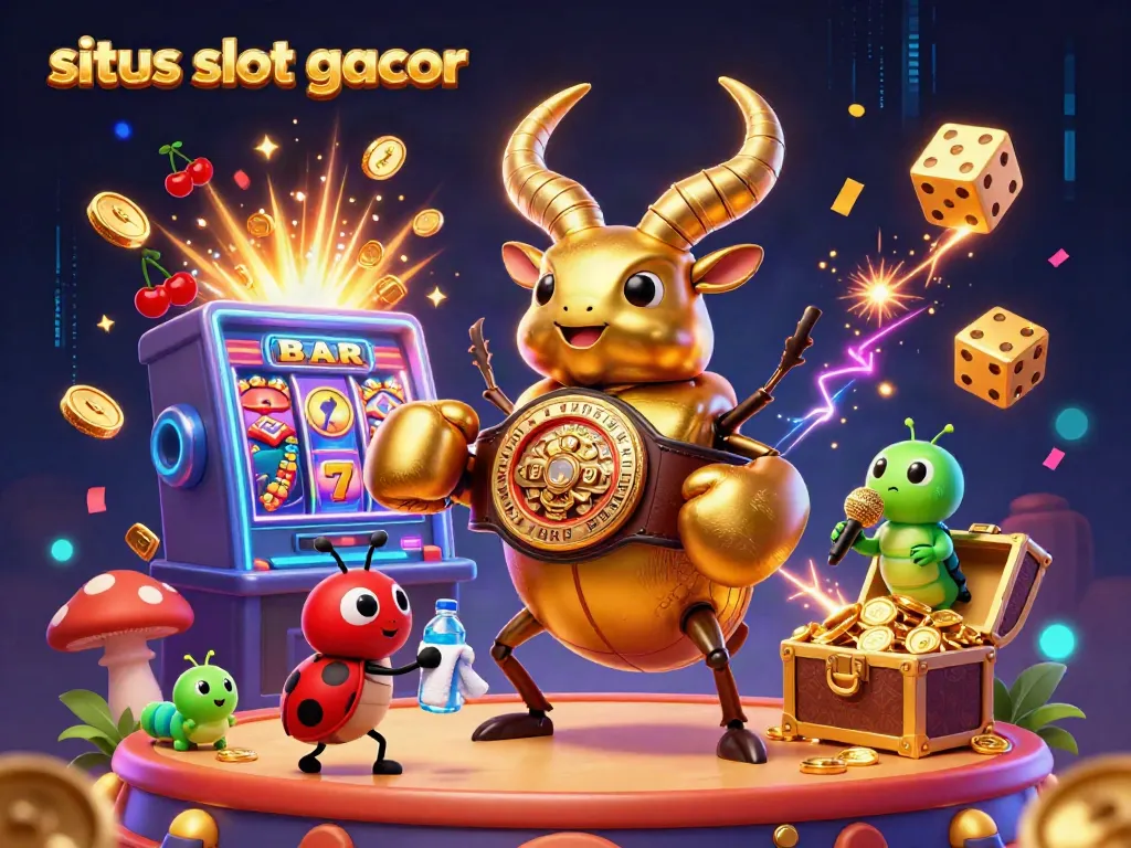 Immerse in the excitement of situs slot gacor with a dynamic 3D casino scene featuring lively characters and jackpots.