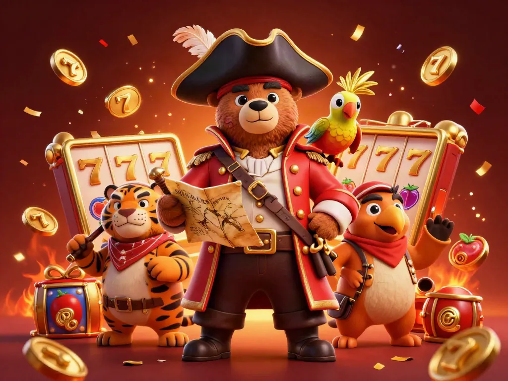 Engage with BGD77's thrilling casino world featuring a pirate bear, dynamic game elements, and vibrant visuals.