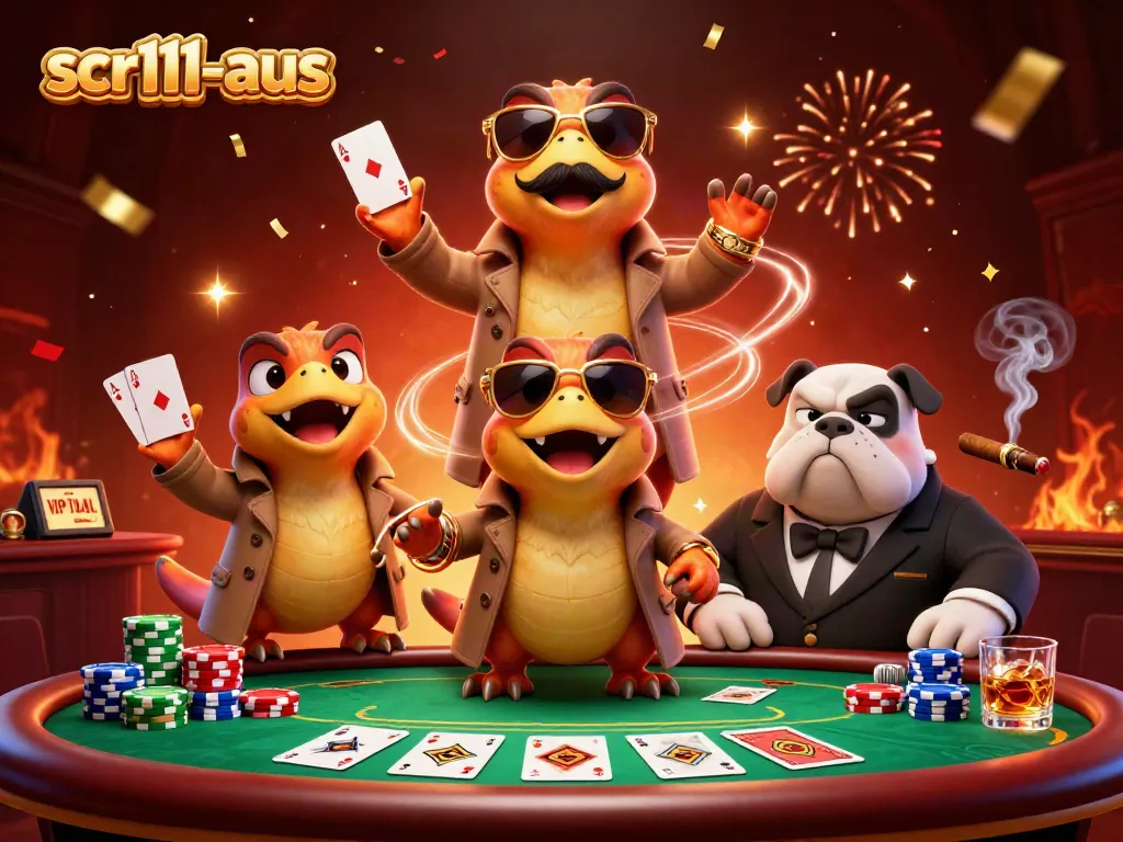 Engage with scr111-aus in this vibrant scene featuring three raptors in a trench coat entering a VIP casino lounge.