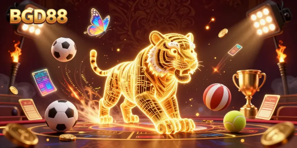 Engage in exciting betting action with BGD88 featuring a golden tiger in a dynamic casino landscape.