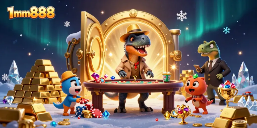 Experience the excitement of 1mm888 with lively casino characters interacting among riches and vibrant game elements.