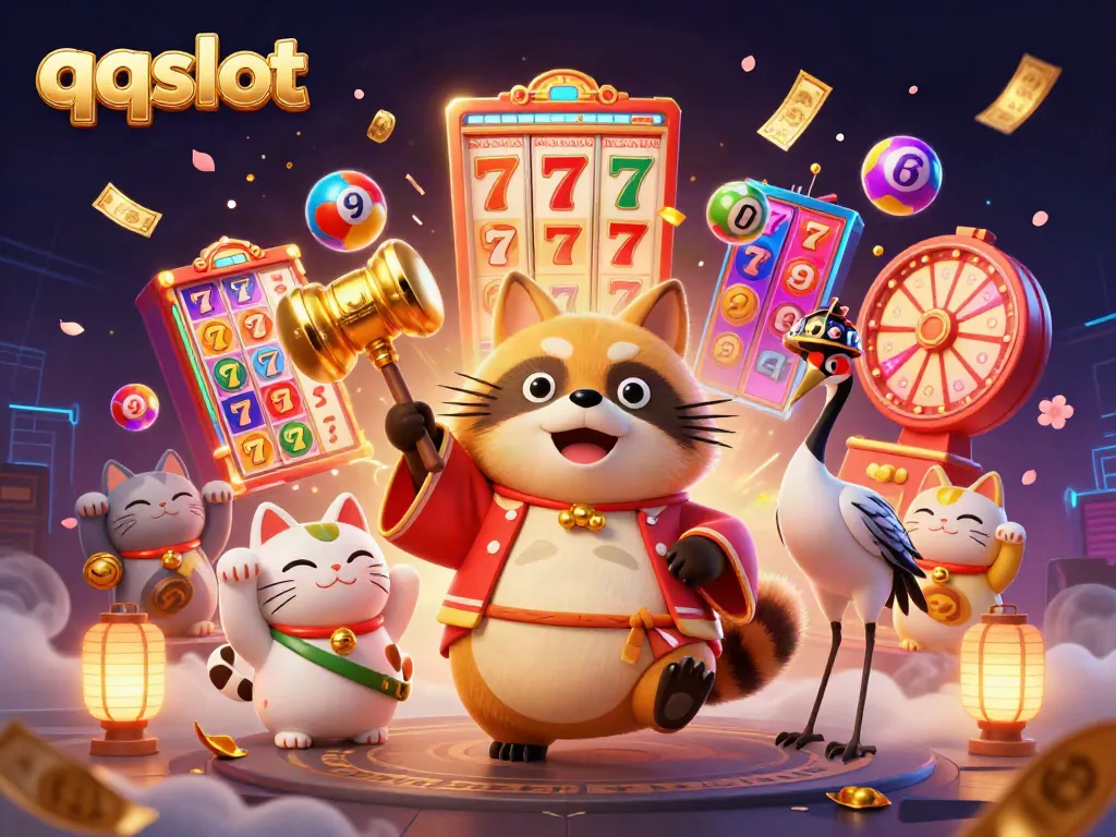 Experience the vibrant world of qqslot with a cheerful tanuki and lucky symbols in this festive casino scene.