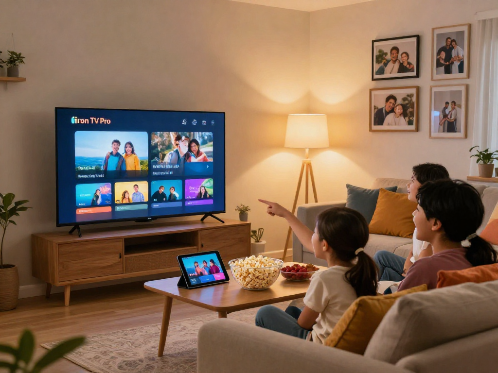 Famille profitant du service Iron TV Pro dans leur salon moderne avec écran intelligent et ambiance chaleureuse.