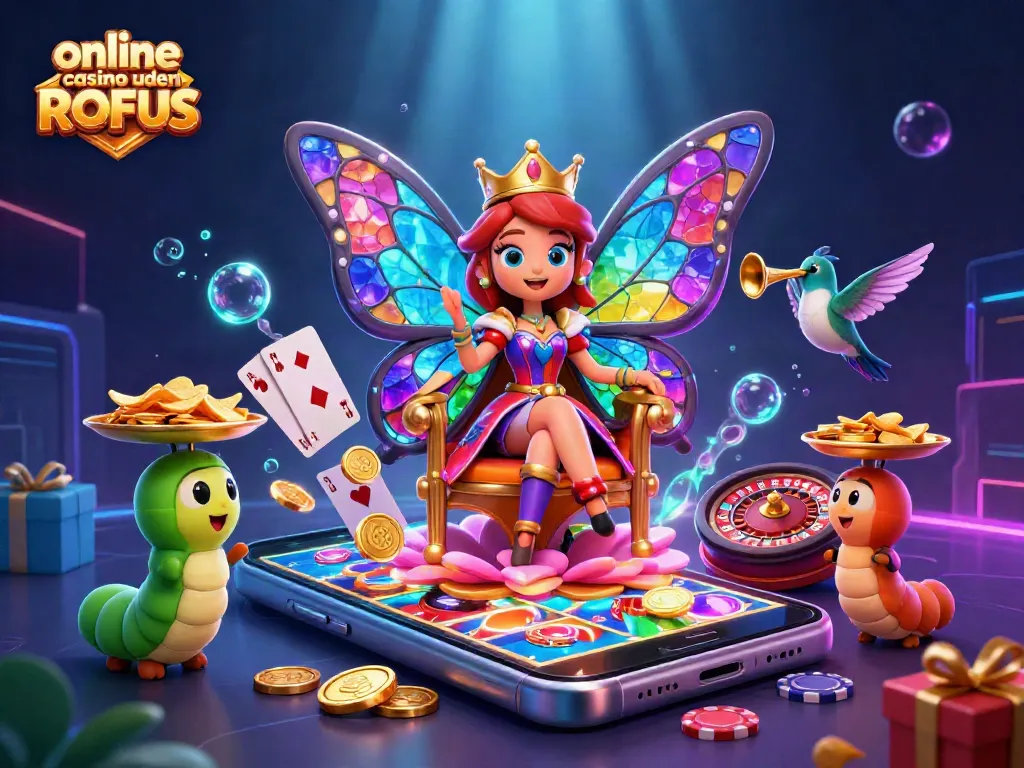 Engage with vibrant gaming elements in an online casino uden ROFUS scene featuring a whimsical butterfly queen and animated symbols.