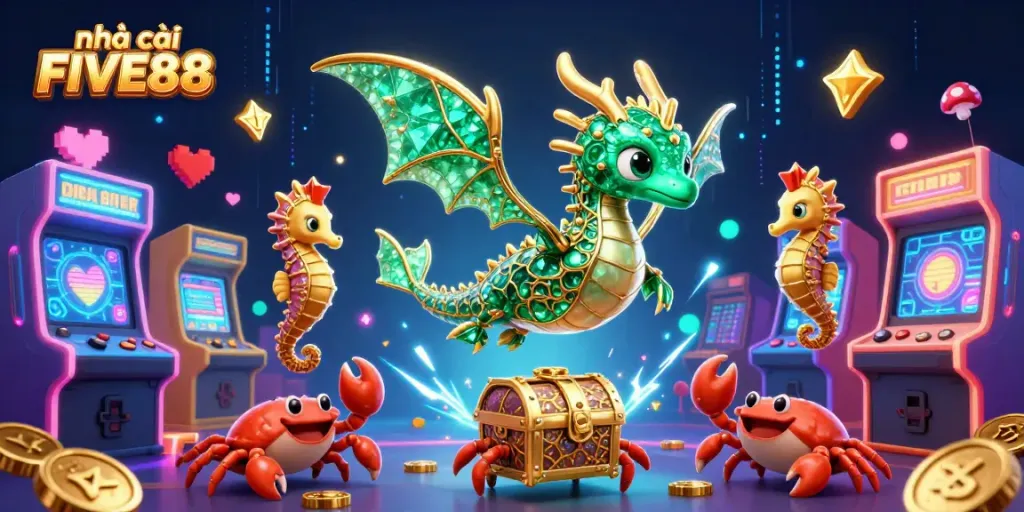 Engage with nhà cái FIVE88 featuring an emerald sea dragon amidst vibrant casino elements and arcade charm.