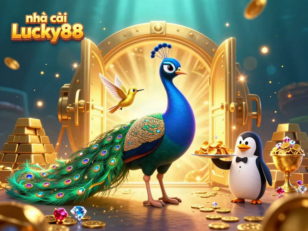 Engage with the vibrant scene of nhà cái Lucky88 featuring a peacock and penguin in a casino environment full of treasures.