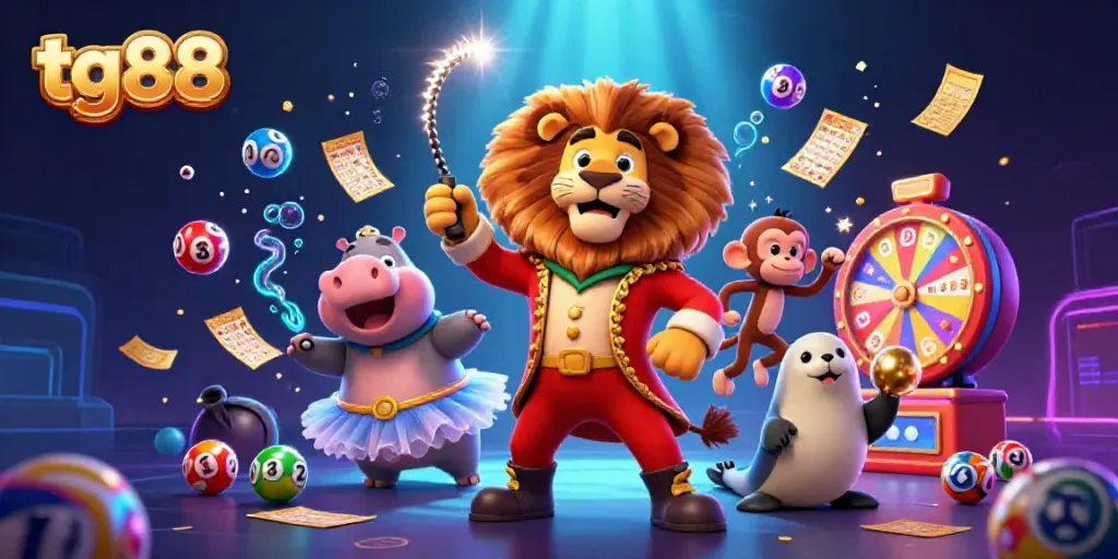 Experience thrilling games at tg88 with an energetic scene featuring a lion, hippo, monkey, and seal amidst vibrant casino elements.