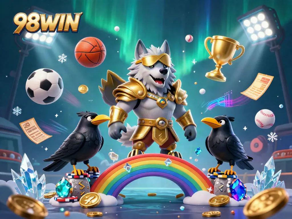 Experience epic sports betting adventures at 98WIN with vibrant casino elements and dynamic characters.