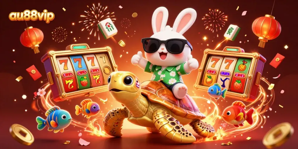Spin the reels and win big at au88vip with this vibrant slot scene featuring lucky characters.