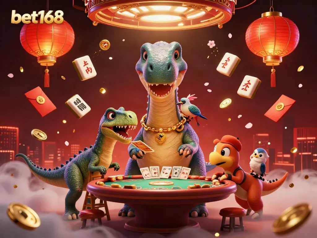 Experience the exciting world of betting with bet168, featuring imaginative dinosaurs and poker elements.