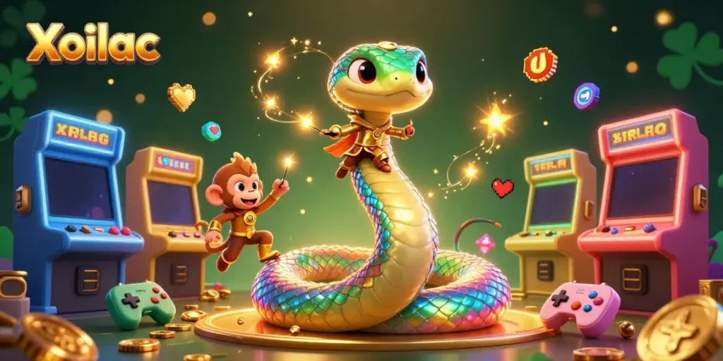 Xoilac's thrilling gaming atmosphere with a colorful rainbow serpent and monkey king in a vibrant casino scene.