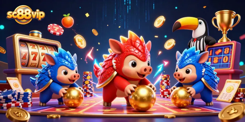 Experience sc88 vip fun with our animated pangolins competing in a vibrant casino game scene.