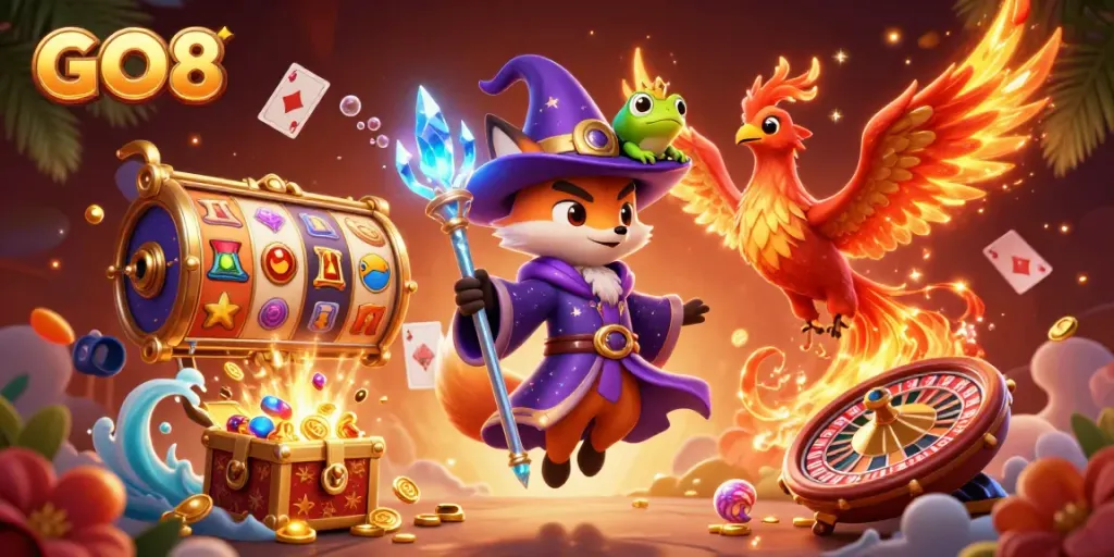 Join the magical world of GO8, where wizards and phoenixes reveal treasures in a vibrant casino.