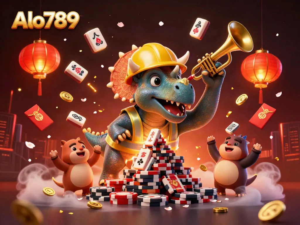Alo789's vibrant casino scene features a 3D triceratops celebrating over poker chips, symbolizing excitement and winning