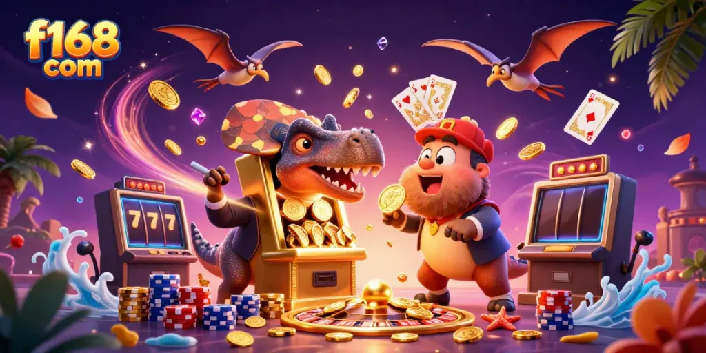 Experience excitement at f168 com with a thrilling jackpot scene featuring dynamic dinosaur characters in a casino